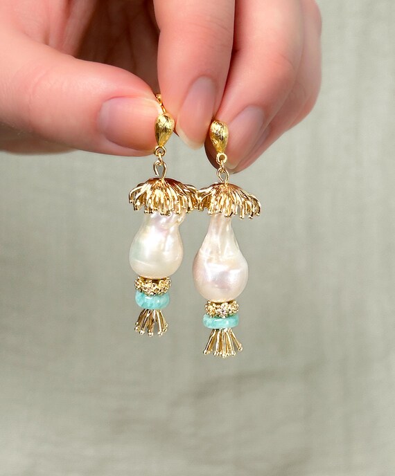 Baroque Pearl Drop Earrings with amazonite