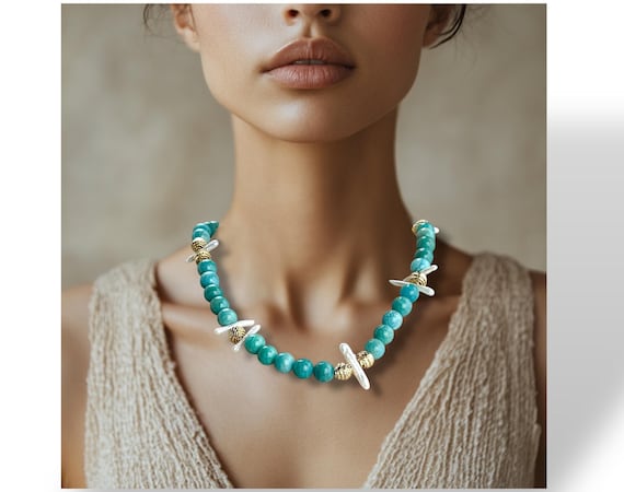 Pearls and amazonite necklace, modern turquoise necklace