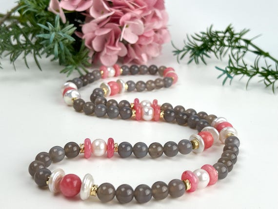 Light Grey Agate & Coral Pink Strawberry Quartz Designer Necklace | Unique Artisan Gemstone Statement Jewelry for Women