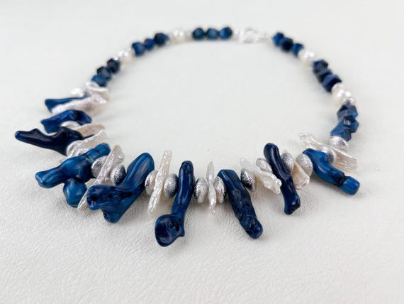 Blue Coral , tiger eye  blue and biwa pearls chocker