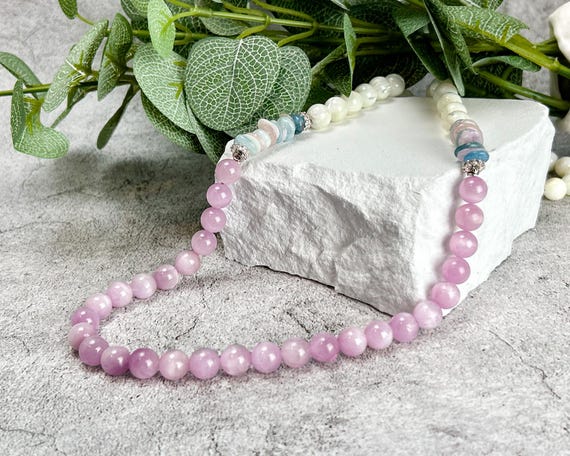 White And Pink  Necklace with  Natural Mother of Pearl and Kunzite