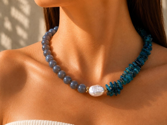Teal apatite gemstone Necklace with big pearl