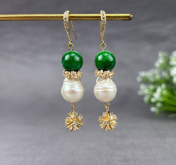 Green Earrings With Baroque Pearls - Boho Chic Earrings - Gemstone Earrings - Timeless Elegance Accessory - Nature-Inspired Holiday Gift