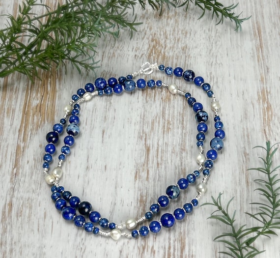 blue  necklace with fresh water  pearls