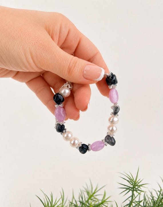 Pearl & Kunzite Beaded Bracelet, Colorful Boho Birthstone Jewelry, Chrysoberyl Mixed Stone Accessory, June Birthday Gift
