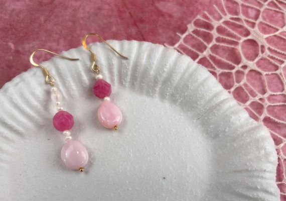Delicate Pink  Dangle Earrings with Pink Opal
