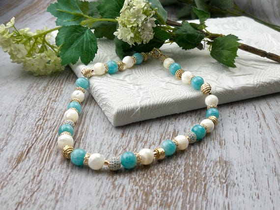 Boho chick choker with white mother of pearl and blue quartz