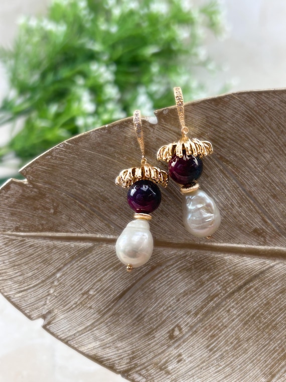 Deep Red Earrings with Burgundy Jade and Baroque Pearl