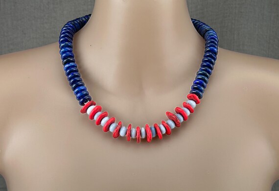 Lapis lazuli, opal and red turquouise gemstone choker