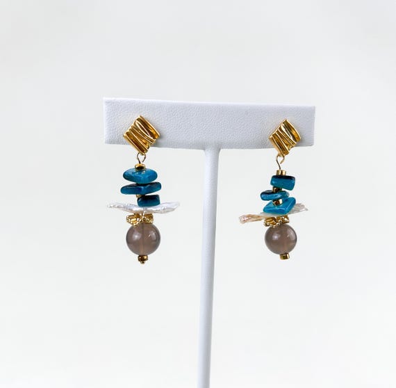 Biwa pearl, agate and teal apatite  whimsical earrrings
