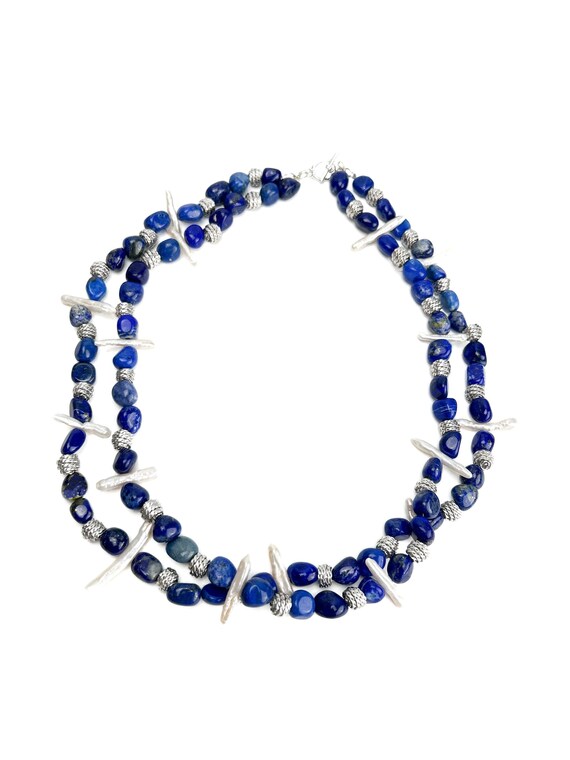 Blue two strand lapis necklace with silver beads