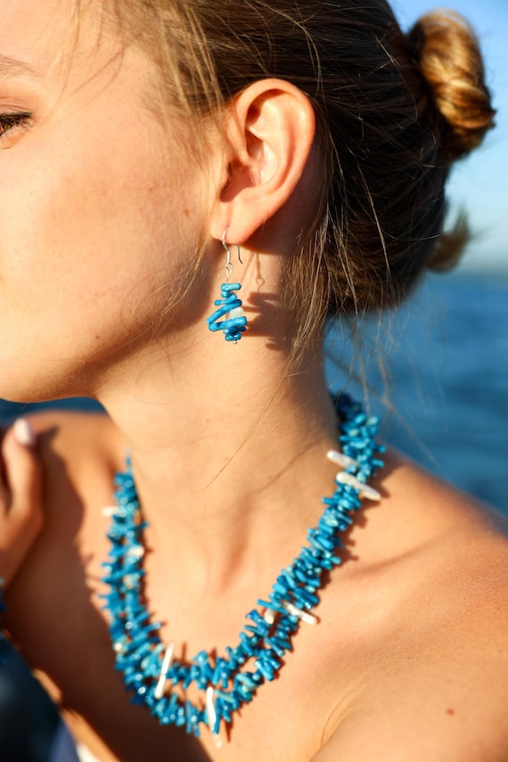 Blue branch coral dangle  earrings