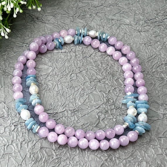 Stunning Long Kunzite Necklaces with Aquamarine and Freshwater Pearls