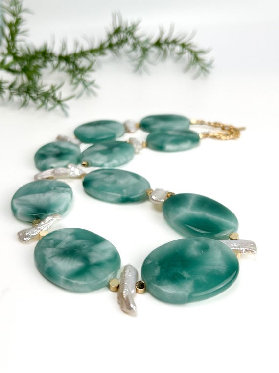 Chunky necklace, pearls necklace, mint green necklace