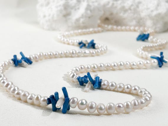 Long pearl necklace with blue coral accent beads