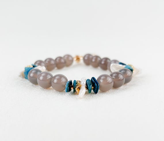 Tealblue apatite and grey agate gemstone  bracelet