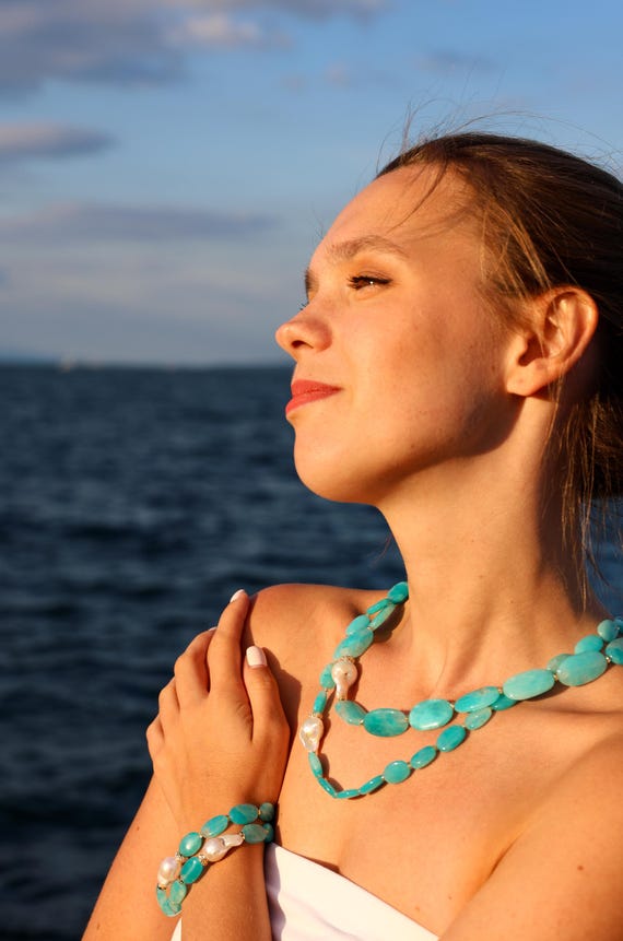 Amazonite Turqouise Blue Necklace with Baroque Freshwater Pearls