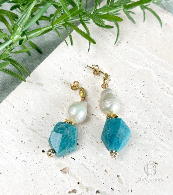Genuine Amazonite Drop Earrings, Long Bold Fashion Jewelry in Turquoise blue, Dangle Earrings, Baroque Pearls Earrings
