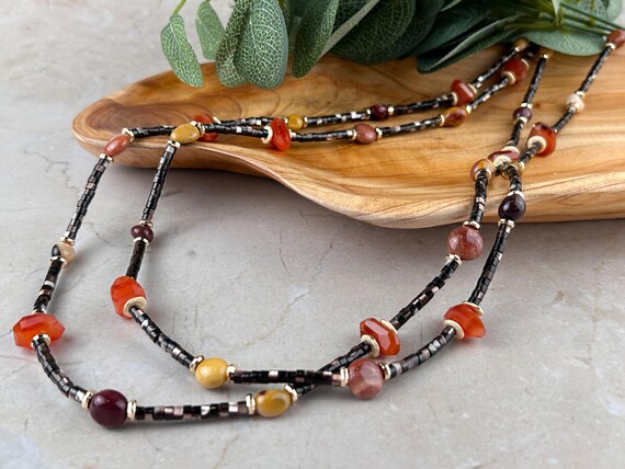 Fall colors brown and orange mixed gemstone necklace