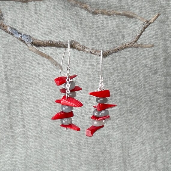 coral and gray beads earrings