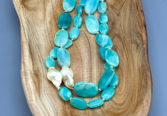 Amazonite Turqouise Blue Necklace with Baroque Freshwater Pearls