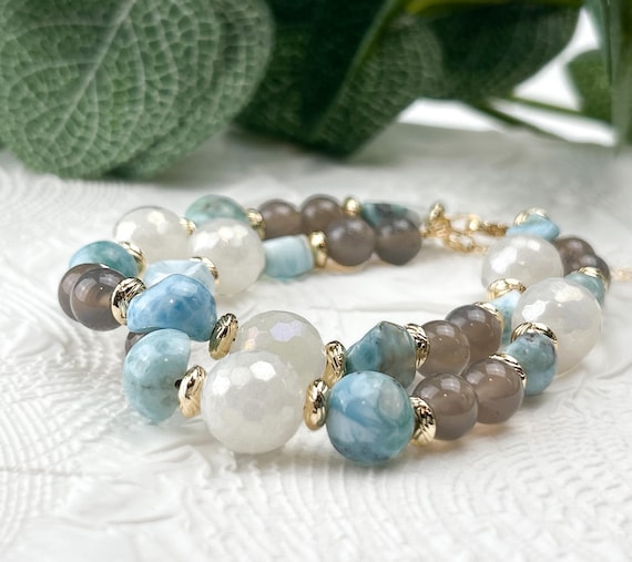 Statement turquoise bracelet made from agate, larimar and white moonstone beads