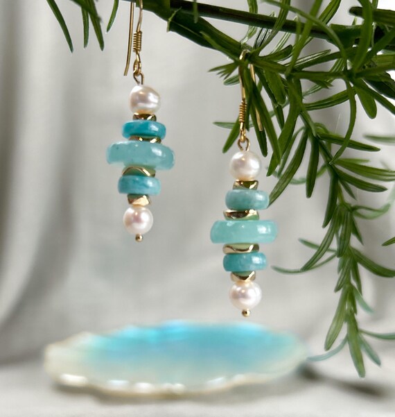 Genuine Amazonite Dangle Earrings - Soothing Blue Green Turquoise Beaded Gemstone Jewelry - Handmade Boho Chic Gift