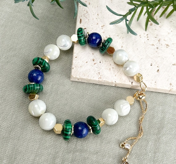 Blue jade , mother of pearl and and synthetic malachite boho bracelet