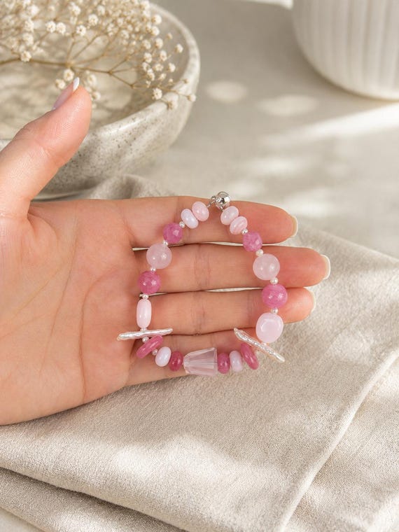 Pink gemstones bracelet with opal, chalecedony and quartz