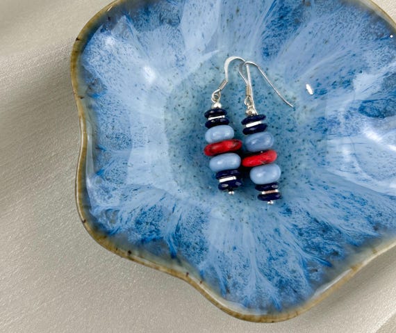 Natural red and blue  Gemstone Earrings  with Opal, lapis lazuli and red turquoise