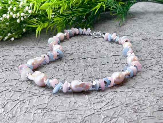 Mixed stones and  Baroque Pearls Necklace in pastel colors