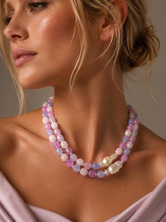 Dainty Mixed Gemstone Necklace with Pink Quartz, Amethytiste and Aquamarine  with Baroque Pearl