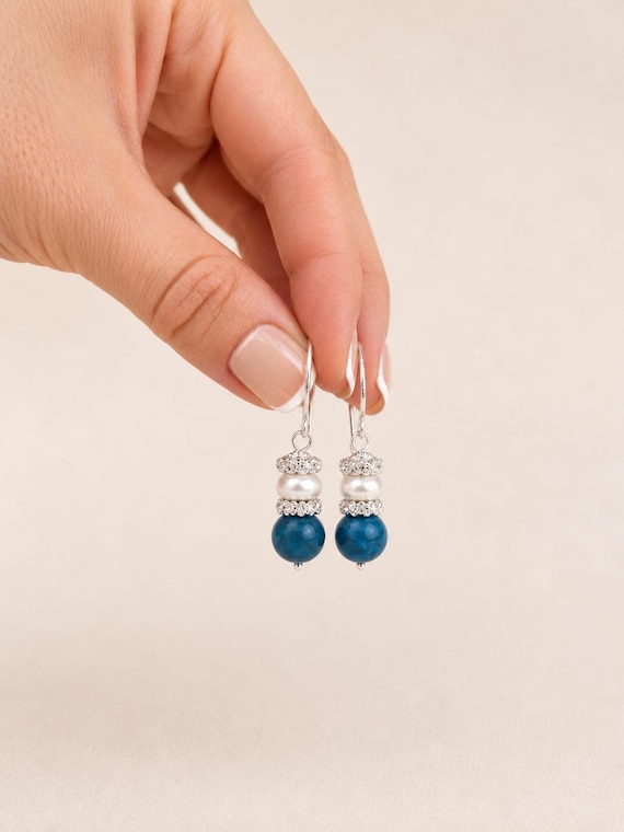 Blue  Gemstone Apatite & Pearl Dangles