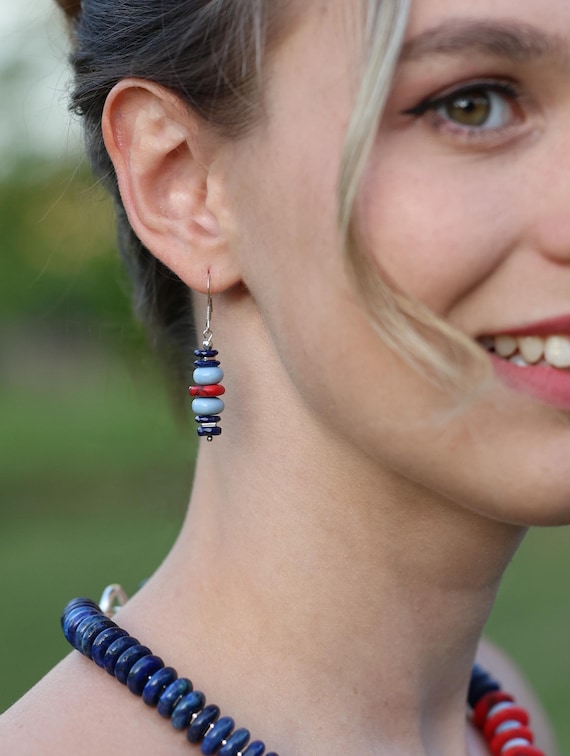 Natural red and blue  Gemstone Earrings  with Opal, lapis lazuli and red turquoise