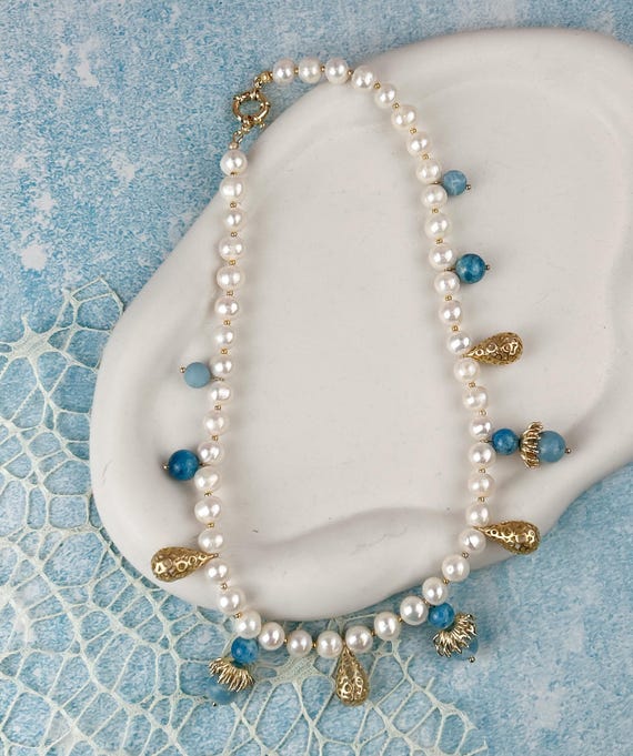 Pearl Necklace with amazonite pendants