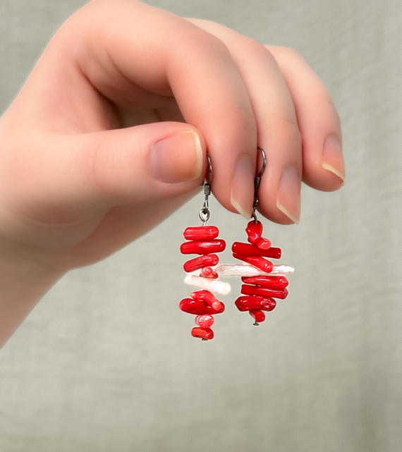 delicate dangle earrings,  red coral earrings, summer earrings