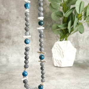 Blue Gemstone Necklace, Layering  Beaded Necklace, Grey bead necklace, Long Blue necklace, Gemstone Jewelry, Boho Agate grey necklace