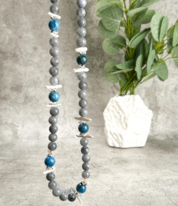Long Blue Necklace with Agate and Apatite Gemstones