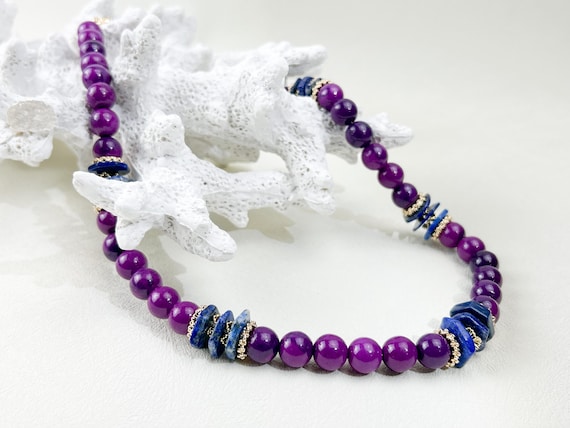 Purple jade and lapis beads gemstone necklace