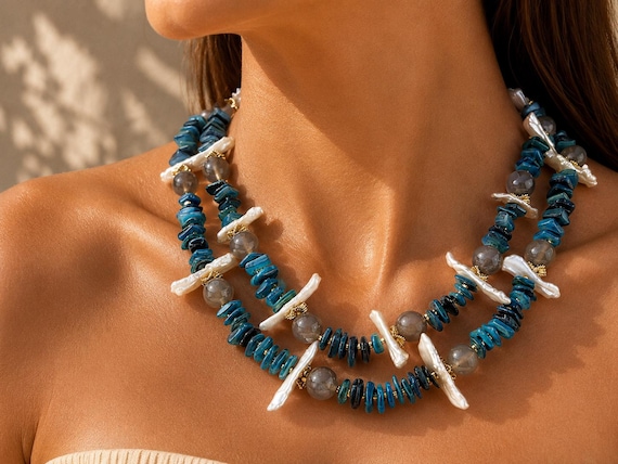 Teal Blue Boho Necklace with Agate and Apatite Gemstones