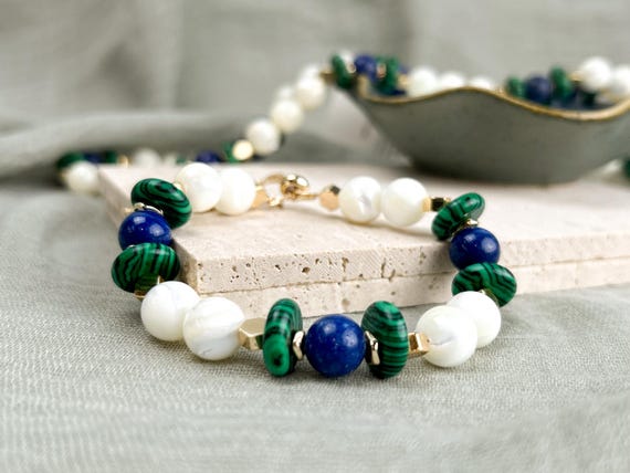 Gemstone adjustable bracelet with mother of pearl beads, blue jade and synthetic malachite beads