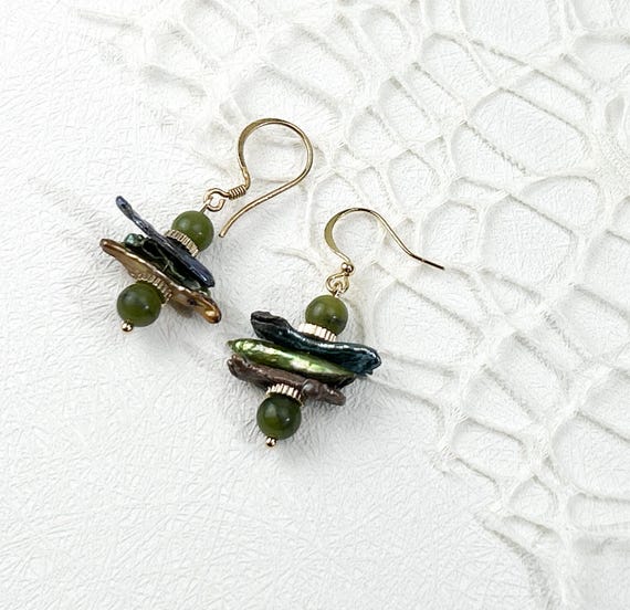 Green biwa pearls  earrings