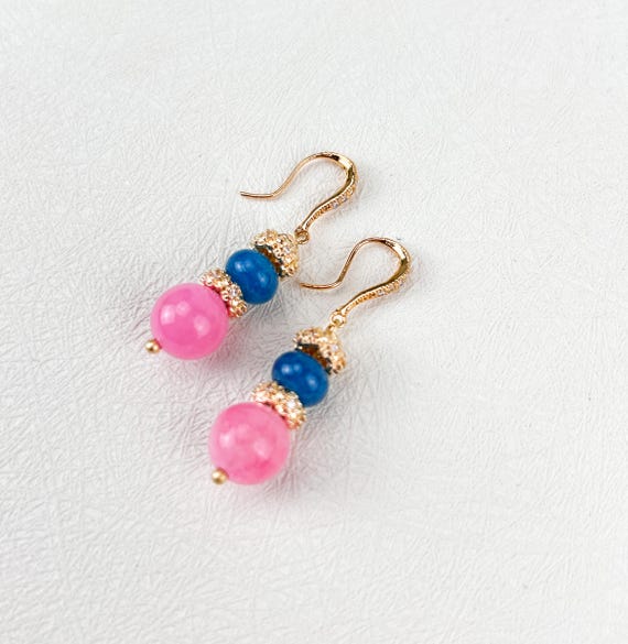 Pink chalcedony  and blue stone earrrings