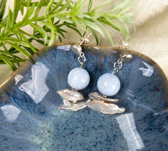 Pale Blue Aquamarine  Earrings with Freshwater Pearls