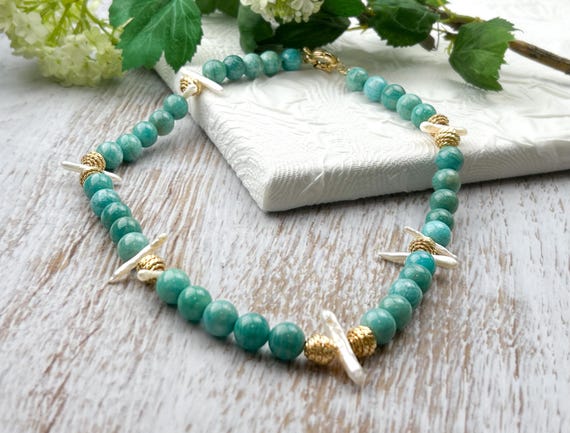 Modern Statement Turquoise green Necklace with Amazonite and Biwa Pearls