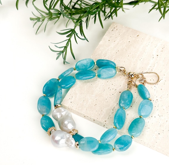 Turquoise Blue Beads Bracelet with Baroque Freshwater Pearls