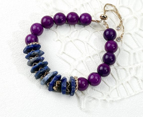 Luxury boho gemstone bracelet with jade and lapis lazuli