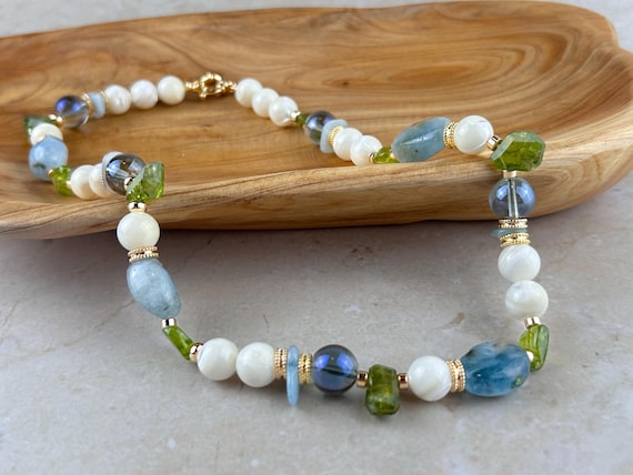 Aquamarine pearls and green gemstone  necklace