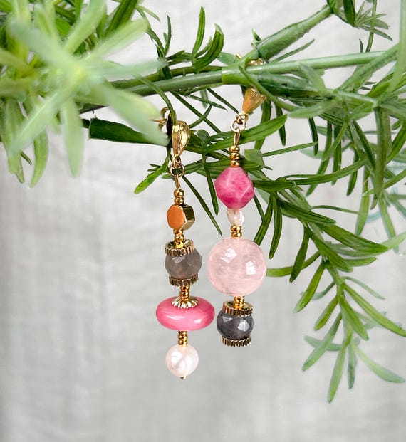 Delicate Pink Boho Dangle Earrings, Bohemian Dainty Earrings, Hippie Chic Jewelry, Assymetric earrings, Gift for Her