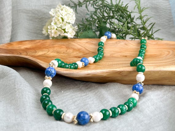 blue  necklace with green beads